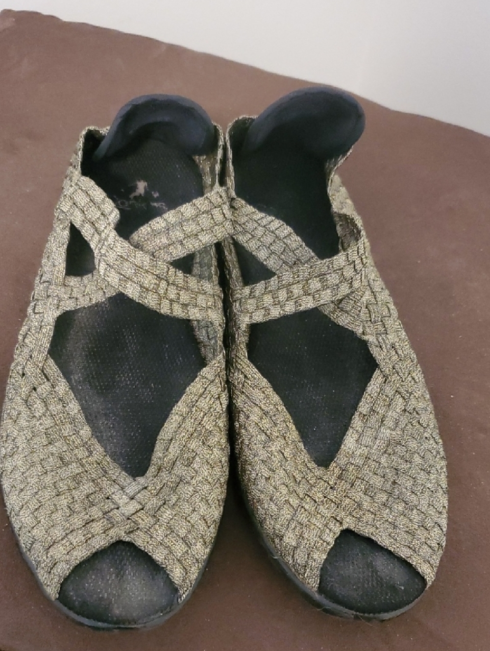 CURATED BY RUA'H KIBRIYA: W11 Gold-Weave Open-Toed Shoes W/ Stretchy Straps EUCx